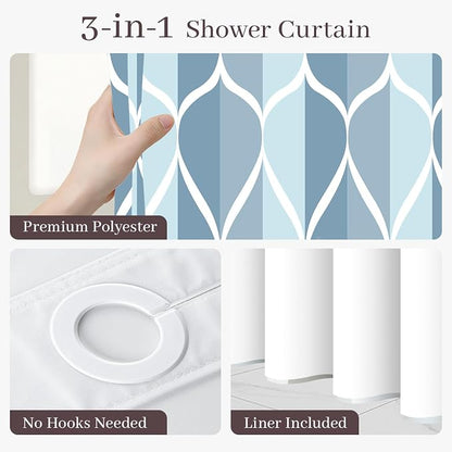 Gelbchu Light Blue No Hook Shower Curtain with Snap-in Liner, 71 x 74 Inch | Built-In Hooks, Mesh Top Window, Water-Repellent, Machine Washable, Quick Drying, Premium Polyester, Hotel Style, Modern