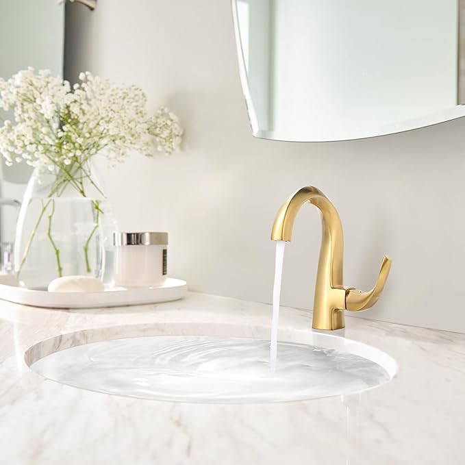 WOWOW Single Handle Bathroom Faucet 1 Hole High Arc Bathroom Basin Faucet Gold with Pop Up Drain, Solid Brass Commercial Bathroom Sink Faucet Basin Vanity Bar Faucet (Patented Product)