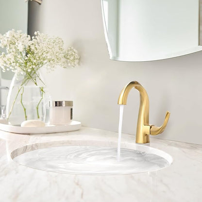 WOWOW Single Handle Bathroom Faucet 1 Hole High Arc Bathroom Basin Faucet Gold with Pop Up Drain, Solid Brass Commercial Bathroom Sink Faucet Basin Vanity Bar Faucet (Patented Product)