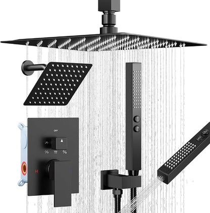 Shower Systems Shower Faucet Sets,Bostingner Five Function Diverter Dual Head Shower Set,12'' Ceiling Mount and 6’‘ Wall Mount Rainfall Shower System with 2 in 1 Handheld Spray Matte Black