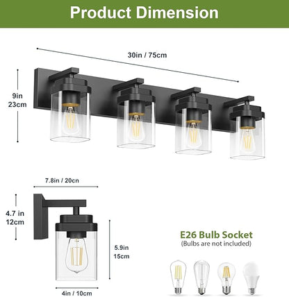 Black Bathroom Light Fixtures, 4 Lights Bathroom Lighting Fixtures Over Mirror, Square Design & Rectangle Large Backplate, Modern Vanity Lighting Fixtures, for Bathroom/Living Room/Bedroom