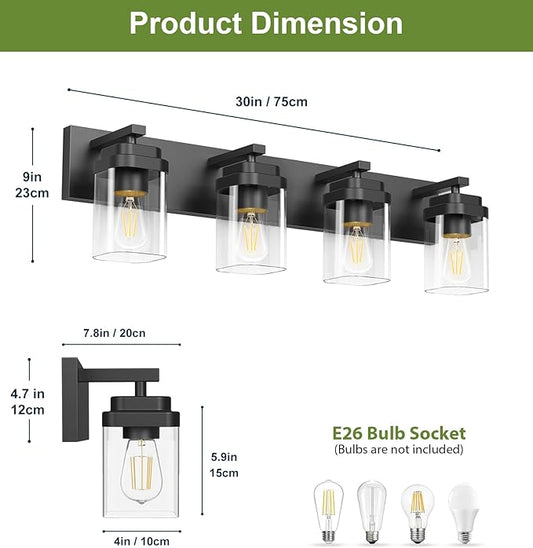 Black Bathroom Light Fixtures, 4 Lights Bathroom Lighting Fixtures Over Mirror, Square Design & Rectangle Large Backplate, Modern Vanity Lighting Fixtures, for Bathroom/Living Room/Bedroom