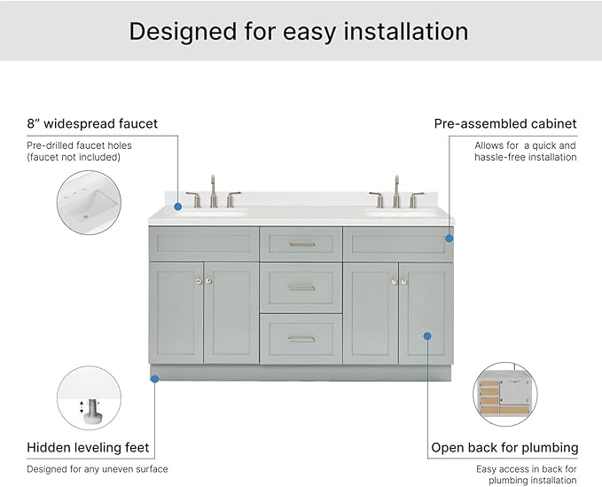 ARIEL Hamlet 66-inch Bathroom Vanity with Sink,Solid Wood, 1.5-inch Carrara White Quartz Countertop & Backsplash, Double Rectangular Porcelain Sink, 4 Soft Closing Doors, 3 Dovetail Drawers, Grey