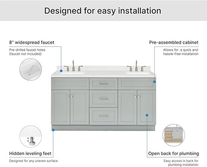 ARIEL Hamlet 66-inch Bathroom Vanity with Sink,Solid Wood, 1.5-inch Carrara White Quartz Countertop & Backsplash, Double Rectangular Porcelain Sink, 4 Soft Closing Doors, 3 Dovetail Drawers, Grey