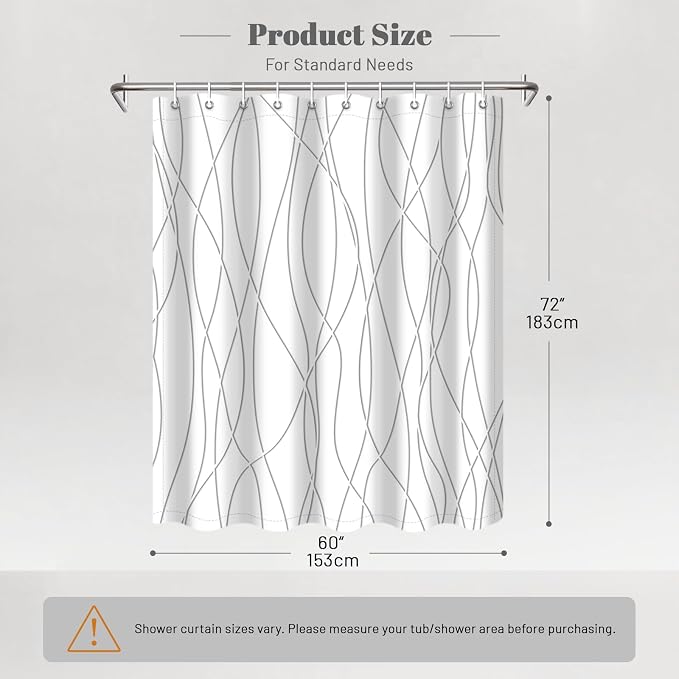 Striped Shower Curtain for Bathroom, Grey Shadow, 60" W x 72" L | with Hooks, Modern Hotel Style, Water Repellent, Washable, Weighted Hem
