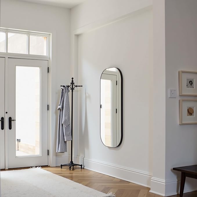 Oval Full Length Mirror 18"x47" Long Black Pill Shaped Floor Mirror | Black Oblone Mirror Metal Frame Wall Mirror Decorative Rustic Full Body Mirror Hanging for Bathroom Bedroom Entryway