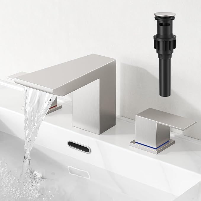RUMOSE Bathroom Faucets 3 Hole Nickel Bathroom Sink Faucet with Drain | 8 Inch Mixer Widespread Waterfall Vanity Two Handle Lavatory Bath Tap, Pop Up Drain, Stainless Steel