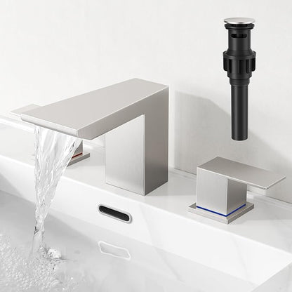 RUMOSE Bathroom Faucets 3 Hole Nickel Bathroom Sink Faucet with Drain | 8 Inch Mixer Widespread Waterfall Vanity Two Handle Lavatory Bath Tap, Pop Up Drain, Stainless Steel