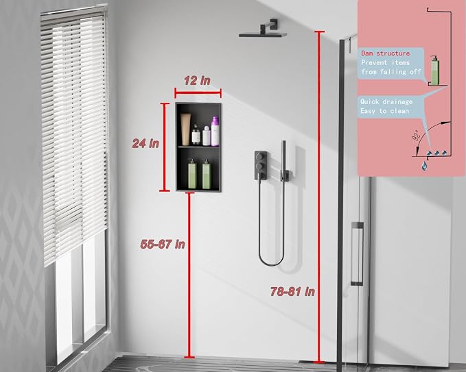 24 x 12 in Recessed Shower Niche with Double Shelves, Matte Black Stainless Steel Wall Insert, No Tile Needed, Leakproof Built-in Storage for Bathroom, Kitchen