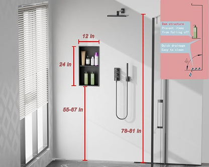 24 x 12 in Recessed Shower Niche with Double Shelves, Matte Black Stainless Steel Wall Insert, No Tile Needed, Leakproof Built-in Storage for Bathroom, Kitchen