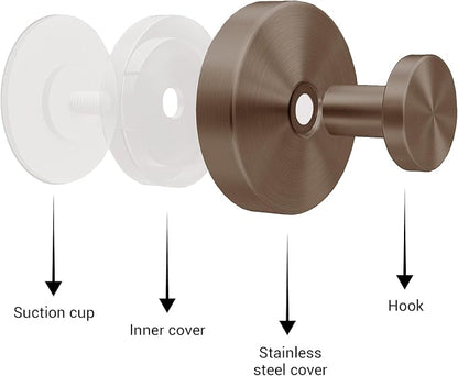 Suction Cup Hooks for Shower - 4 Pack, Bronze - Stainless Steel, Strong Suction, No Drill, Removable Hanger, Tile Bathroom Kitchen Wall, Glass Door, Mirror Hook Hanging Robe, Towel Holder