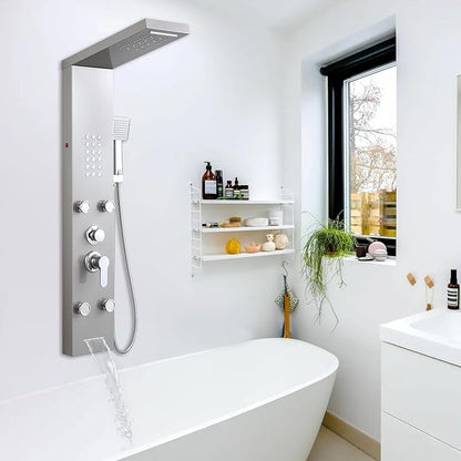 POPFLY Shower Panel, LED Rainfall & Waterfall Shower Head, 5-in-1 Shower System with Body Massage Jets, Handheld Spray, Tub Spout, Stainless Steel Wall Mounted Shower Tower, Brushed Nickel