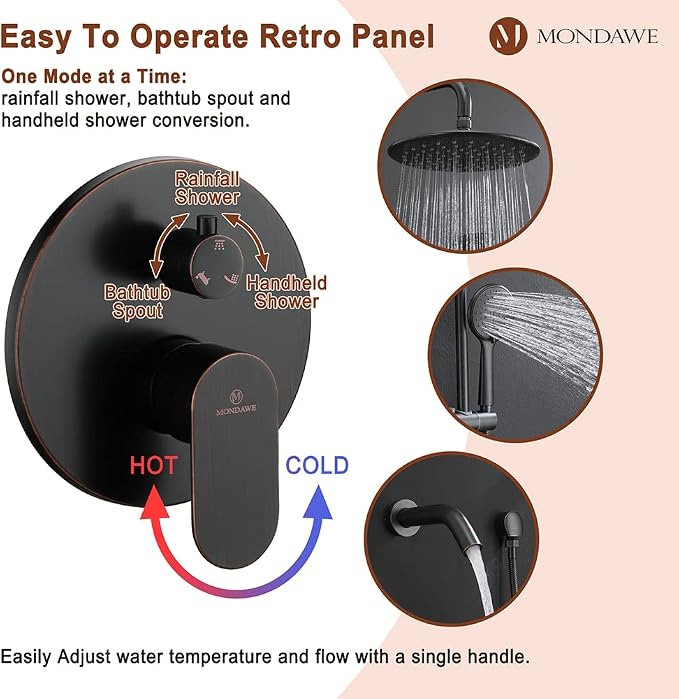 MONDAWE 9 Inch Wall Mounted Shower Faucet Set with Tub Spout in Oil Rubbed Bronze, Rainfall Shower Head with 3-Setting Handheld Spray Shower Combo, High Pressure Shower System with Solid Brass Valve