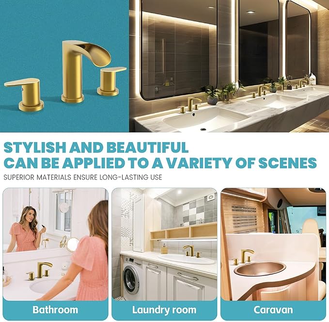 Brushed Gold Waterfall Bathroom Faucets - Waterfall 8 Inch Gold Widespread Bathroom Sink Faucet, 2 Handles Vanity Faucets 3 Holes for Restroom RV Bathtub with Pop Up Drain & Supply Lines