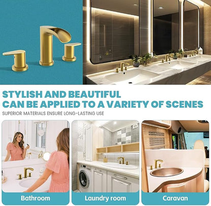 Brushed Gold Waterfall Bathroom Faucets - Waterfall 8 Inch Gold Widespread Bathroom Sink Faucet, 2 Handles Vanity Faucets 3 Holes for Restroom RV Bathtub with Pop Up Drain & Supply Lines
