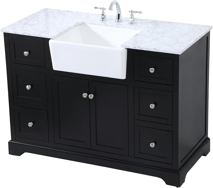 48" Pre-Assembled Bathroom Vanity with Sink, Solid Birch and MDF, Carrara White Marble Countertop Attached, Single Rectangle Porcelain Sink, 6 Soft-Close Drawers, Black