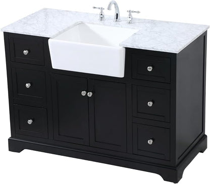 48" Pre-Assembled Bathroom Vanity with Sink, Solid Birch and MDF, Carrara White Marble Countertop Attached, Single Rectangle Porcelain Sink, 6 Soft-Close Drawers, Black