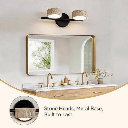 Led Bathroom Lighting Fixtures Over Mirror with 2 Travertine Shades,Vanity Lights Wall Lamp, 180° Rotatable Stone Lampshades Bathroom Lights, Modern Farmhouse Stone Sconces Black