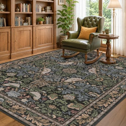 Hazo Haus Vintage Floral Area Rug 5x7 for Living Room - Dark Green Forest Bird Rugs for Bedroom, Dining Room, Office, Non Slip Stain Resistant Low Pile