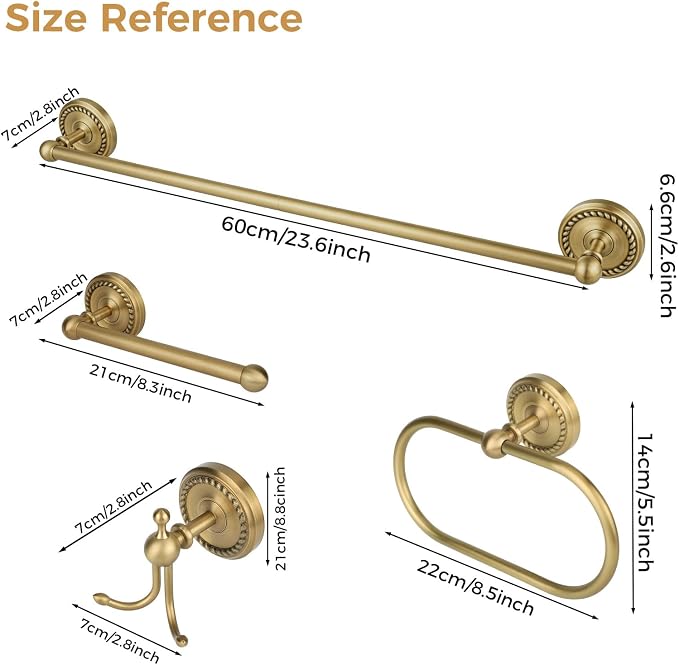 Antique Brass Bathroom Hardware Set, 4 Pieces Vintage Brass Bathroom Kit Accessories Sets Includes 24-inch Towel Bar, Towel Ring, Robe Hook & Toilet Paper Holder, Wall Mounted