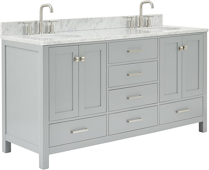 ARIEL Cambridge 66-inch Bathroom Vanity with Sink,Solid Wood, 0.75-inch Italian Carrara Marble Countertop & Backsplash, Double Oval Porcelain Sink, 4 Soft Closing Doors, 6 Dovetail Drawers, Grey