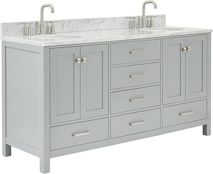 ARIEL Cambridge 66-inch Bathroom Vanity with Sink,Solid Wood, 0.75-inch Italian Carrara Marble Countertop & Backsplash, Double Oval Porcelain Sink, 4 Soft Closing Doors, 6 Dovetail Drawers, Grey