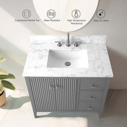 Vanity Art 36 inch Bathroom Vanity with Single Sink & Ceramic Top, Vanity Cabinet with Soft-Closing Door, Solid Wood Frame, Linear Pattern, Cashmere Gray, VA9136-G-MB,Matte Black Handles