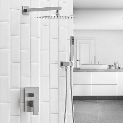 BWE 16 Inch Square Bathroom Luxury Rain Mixer Shower Combo Set Shower Kit Wall Mounted Rainfall Shower Head System Brushed Nickel Shower Faucet Rough-in Valve Body and Trim Included