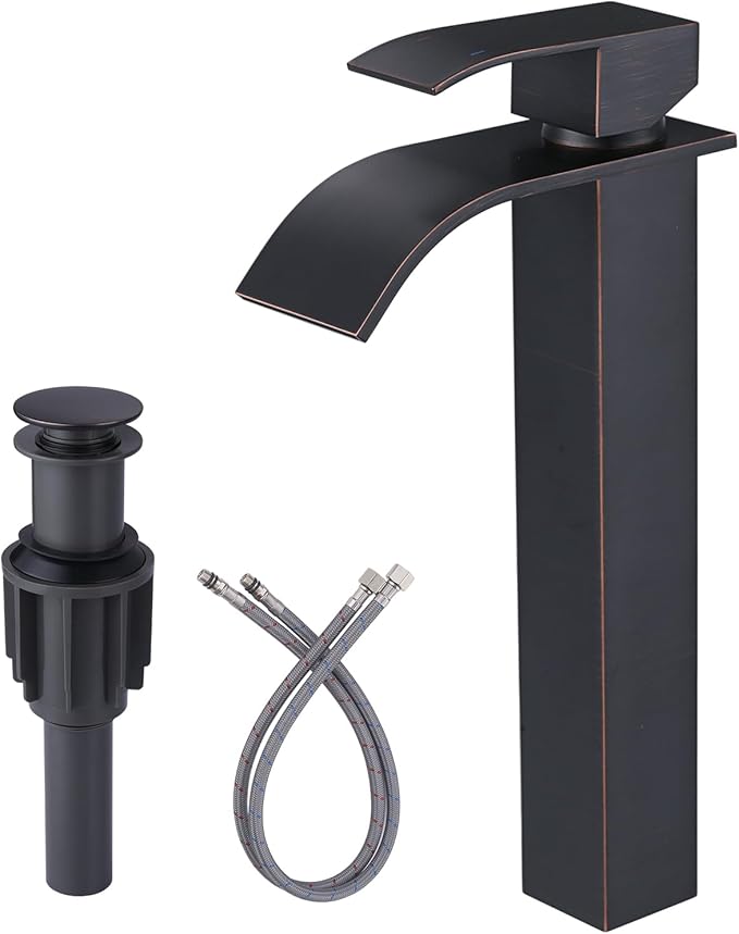 Vessel Sink Faucet Single Hole: ARCORA Oil Rubbed Bronze Tall Bathroom Faucet, Single Handle Tall Waterfall Bathroom Faucet with Pop Up Drain and cUPC Supply Lines