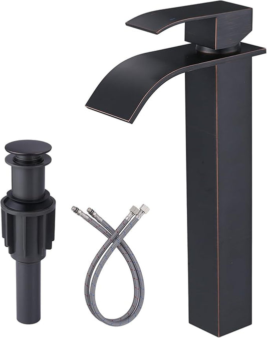 Vessel Sink Faucet Single Hole: ARCORA Oil Rubbed Bronze Tall Bathroom Faucet, Single Handle Tall Waterfall Bathroom Faucet with Pop Up Drain and cUPC Supply Lines