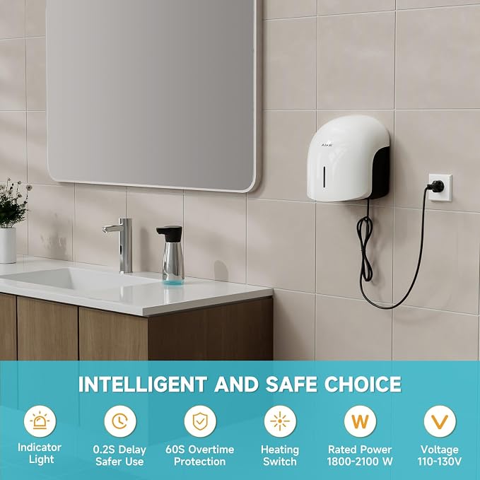 AIKE GentleAir Warm Hand Dryer,Low Noise for Home Bathroom,Cloud White | GentleAir Warm Dry,Plug-in Easy Install and Low Noise Experience for Home Bathroom,Smart and Sophisticated ABS Look,AK2637