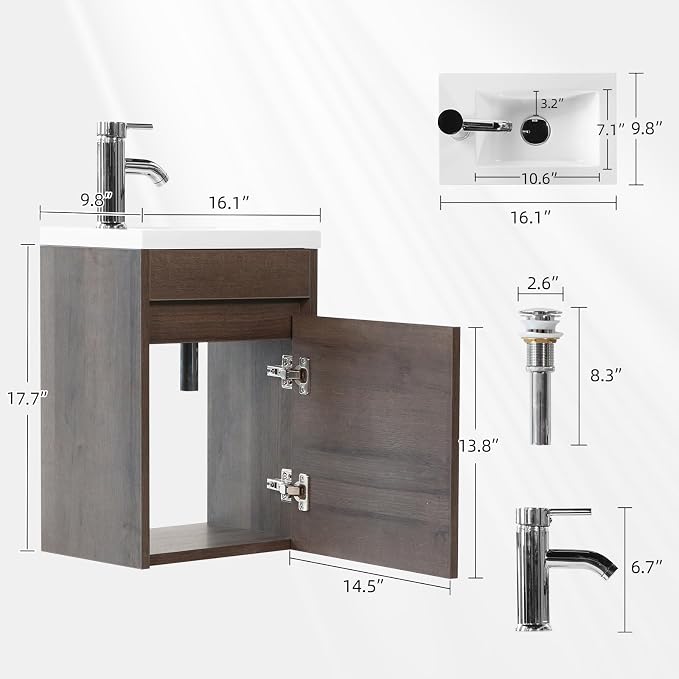 wonline 16” Bathroom Vanity Sink Combo for Small Space Wall Mounted Cabinet Set Design White Resin Basin Sink Top Chrome Faucet Wood Color