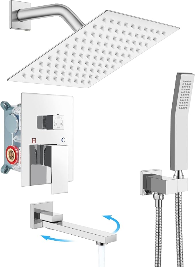 gotonovo Tub Shower Faucet Set with Valve Kit 8’’ Head,Polished Chrome | Shower System with Tub Spout,SUS304 Rain Head with Handheld Sprayer,Swivel Spout,All Metal,Rough-In Valve Trim Kit,Wall Mount