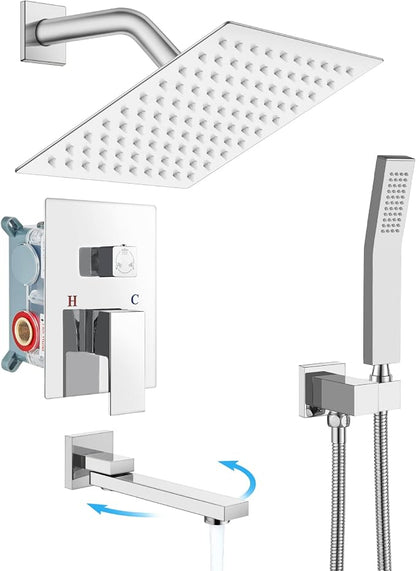gotonovo Tub Shower Faucet Set with Valve Kit 8’’ Head,Polished Chrome | Shower System with Tub Spout,SUS304 Rain Head with Handheld Sprayer,Swivel Spout,All Metal,Rough-In Valve Trim Kit,Wall Mount