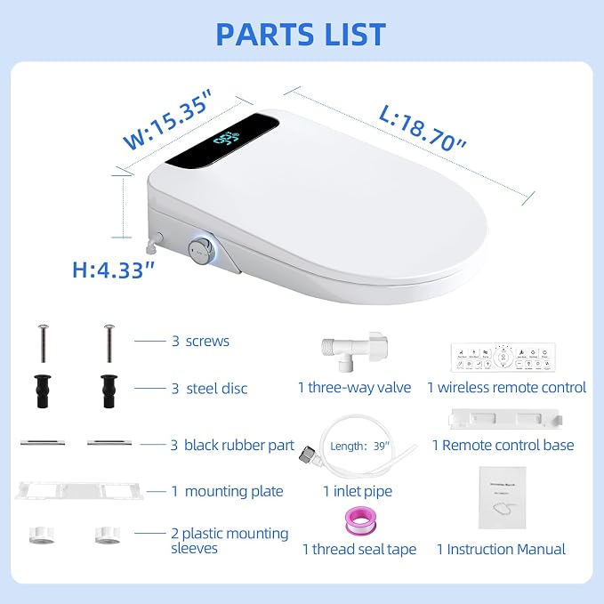 Electric Bidet Toilet Seat Round – Heated Seat, Warm Water & Air Dryer | Wireless Remote & Side Knob Dual Control, Self-Cleaning Nozzle, Slow-Close Lid, LED Display, Night Light, Easy DIY Install