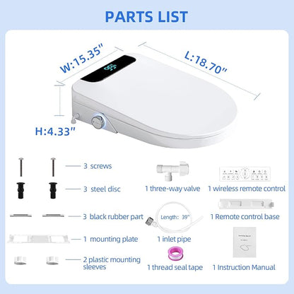 Electric Bidet Toilet Seat Round – Heated Seat, Warm Water & Air Dryer | Wireless Remote & Side Knob Dual Control, Self-Cleaning Nozzle, Slow-Close Lid, LED Display, Night Light, Easy DIY Install