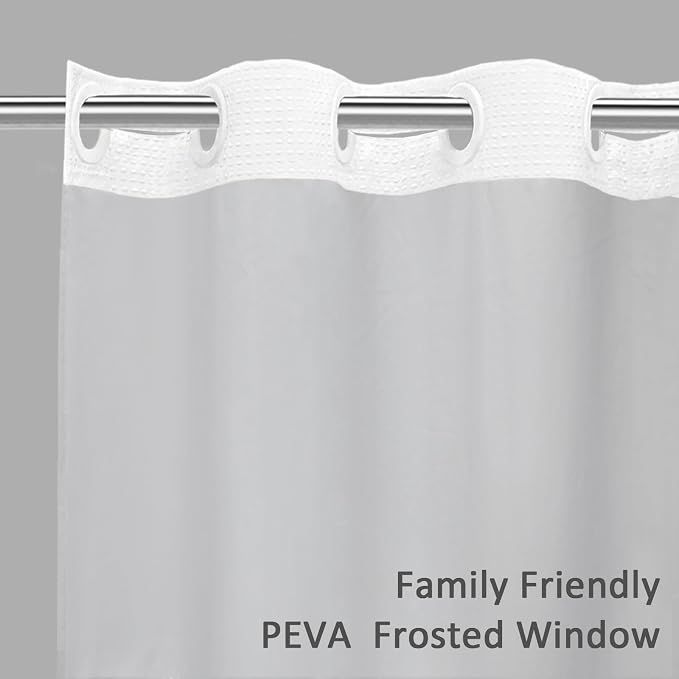 No Hook Shower Curtain with Fabric Liner White Hotel Waffle 75" L x 72" W,PEVA Frosted Window