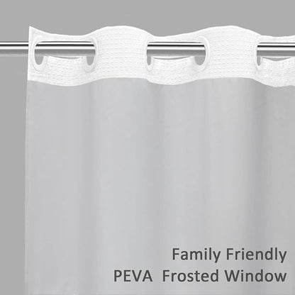 No Hook Shower Curtain with Fabric Liner White Hotel Waffle 75" L x 72" W,PEVA Frosted Window