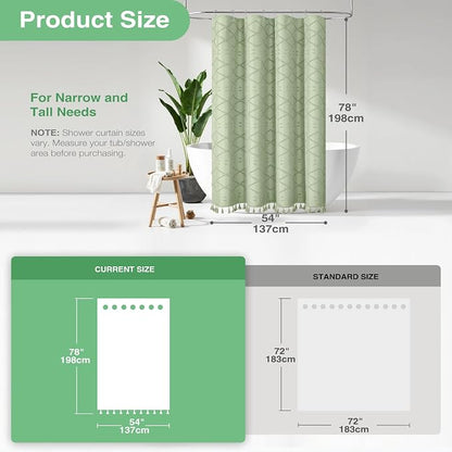 Stall Boho Shower Curtain Tufted Geometric 54"x78" Sage Green | 54 x 78 inch Long, Elegant Tassel, Lightweight Textured Fabric, Water Repellent, Washable, for Narrow Bathroom/Dorm 10 Hooks