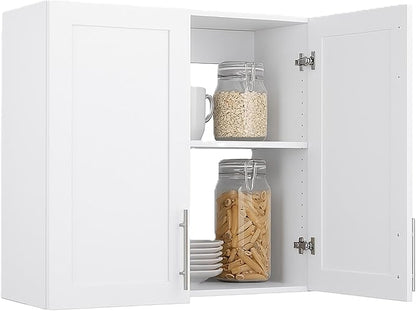 Prepac Elite 32'' Bathroom Wall Cabinet with Panel Doors, Wood Kitchen Pantry Cabinet, Wall Hanging Laundry Room Cupboard with 1 Adjustable Shelf for Kitchen, Laundry Room and Bathroom, White
