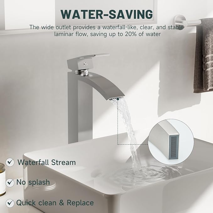 Brushed Nickel Vessel Sink Faucet, Waterfall Bathroom Faucets | Brass, Tall Spout, Single Handle 1 Hole Bathroom Faucet, Modern Basin Taps with Supply Line, Pop Up Drain, Without Overflow
