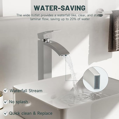 Brushed Nickel Vessel Sink Faucet, Waterfall Bathroom Faucets | Brass, Tall Spout, Single Handle 1 Hole Bathroom Faucet, Modern Basin Taps with Supply Line, Pop Up Drain, Without Overflow