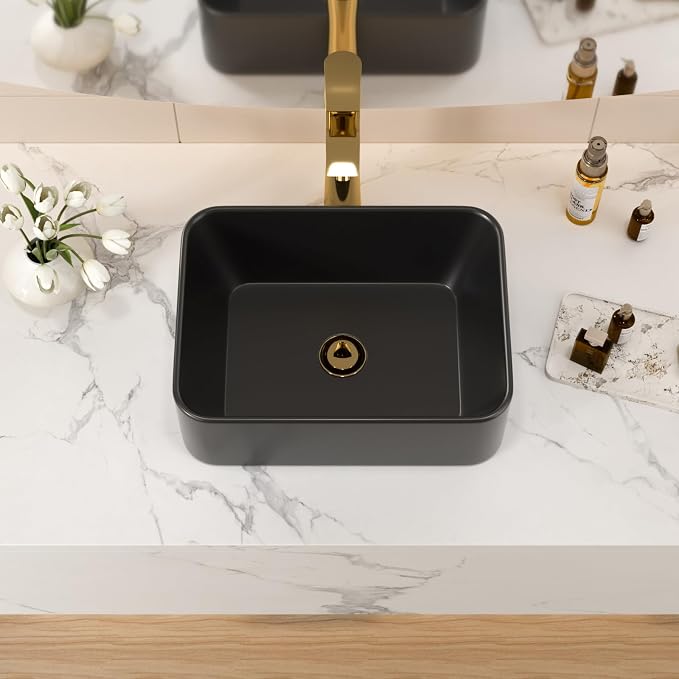 16x12 Black Ceramic Topmount Bathroom Vessel Sink | Black Drop in Top Mount Over Counter Rectangle Bathroom Sink