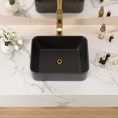 16x12 Black Ceramic Topmount Bathroom Vessel Sink | Black Drop in Top Mount Over Counter Rectangle Bathroom Sink