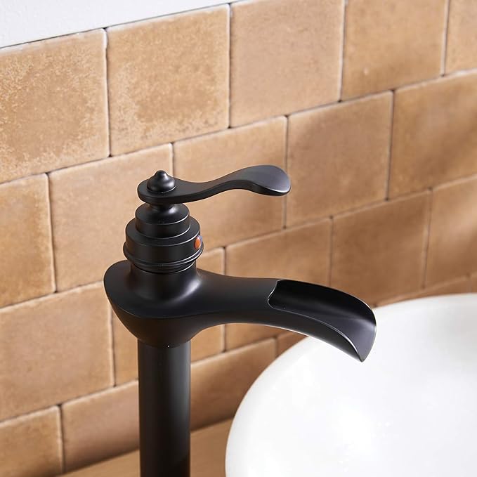 BWE Matte Black Vessel Sink Faucet Waterfall Single Hole Handle with Pop Up Drain Stopper Assembly and Supply Hose Bathroom Faucet Vanity Lavatory Mixer Tap Tall Body