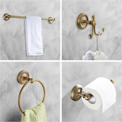 4 Piece Antique Brass Gold Bathroom Accessories Set - 24” Towel Holder, Antique Bar Brass Bath Accessories - Wall Mounted Bathroom Hardware Accessory Set