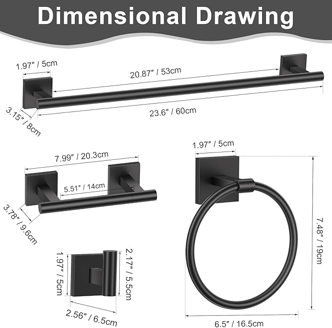10 Pieces Matte Black Towel Bar Set, Double Dase Toilet Paper Holder Bathroom Hardware Set, 23.6 Inch Stainless Steel Towel Rack for Bathroom Wall Mounted