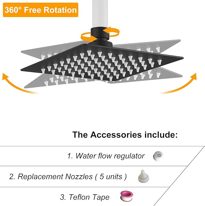 6 In Rain Shower Head High Pressure Rainfall Shower Head Matte Black | Square Rain Bathroom Showerhead, High Flow, Large Stainless Steel, Ceiling Mounted, Wall Mounted, Waterfall Full Body