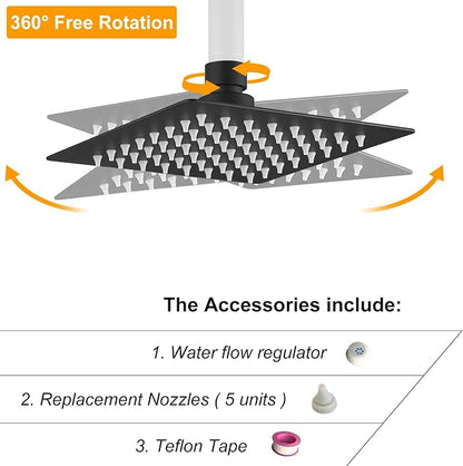 6 In Rain Shower Head High Pressure Rainfall Shower Head Matte Black | Square Rain Bathroom Showerhead, High Flow, Large Stainless Steel, Ceiling Mounted, Wall Mounted, Waterfall Full Body