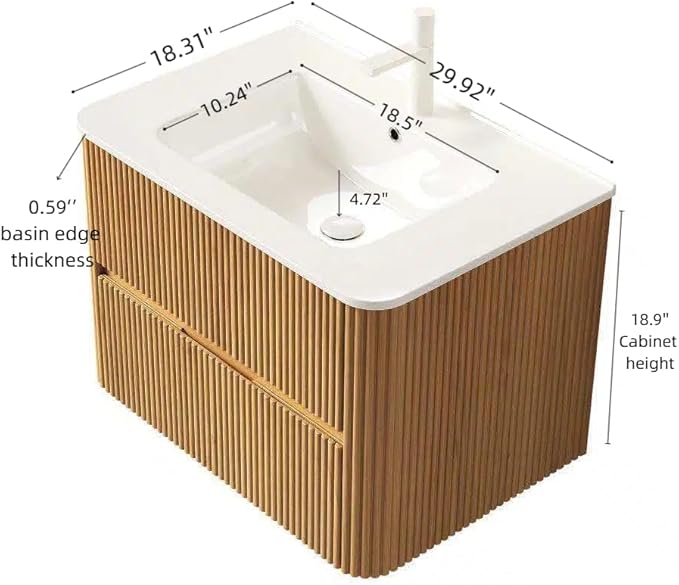 30" Floating Bathroom Vanity with Sink, Wall Mounted Modern Bathroom Cabinet with 2 Soft Close Drawers, Oak & Plywood, Pre-Assembled with Integrated Ceramic Basin – Bruges, Natural Wood